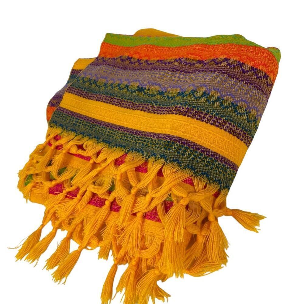 Ethnic Throw Boho Blanket Fringe Tassel Edge Multi Stripe Knit Accent Throw